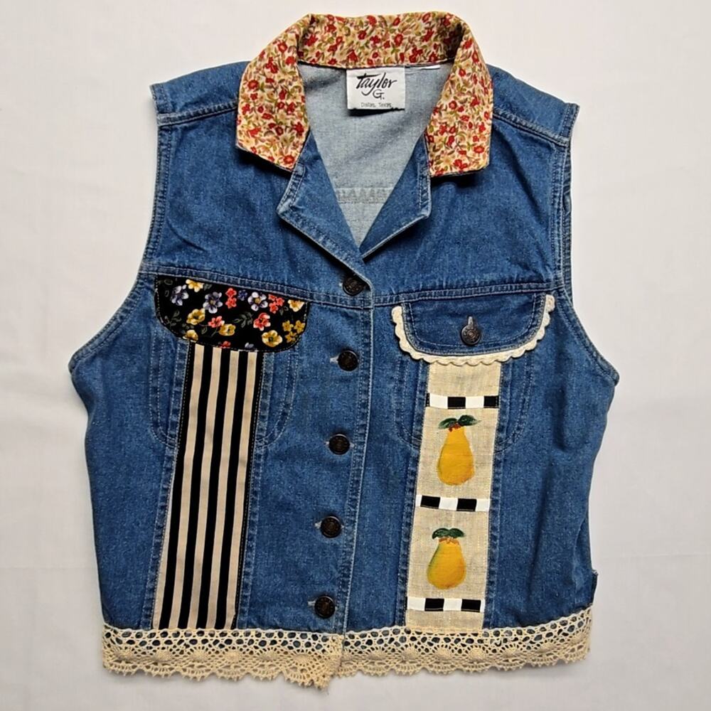 Vintage Taylor G. Denim Western Vest Floral Patchwork Lace Trim Womens M Blue